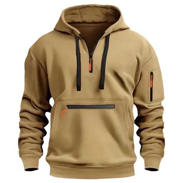 Men's casual sports hoodie, spring and autumn fashion arm pocket pull rope hooded solid color loose long-sleeved blouse pullover - Image 3