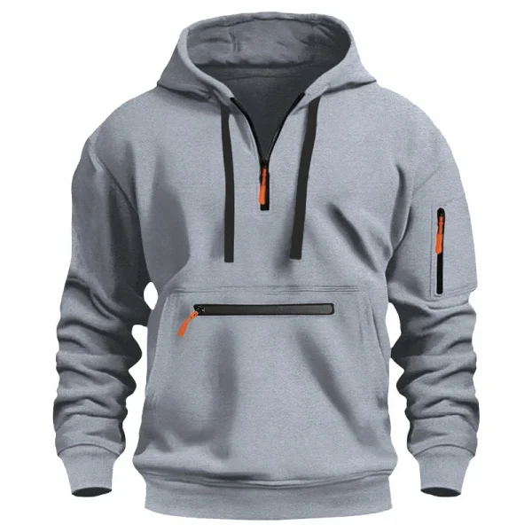 Men's casual sports hoodie, spring and autumn fashion arm pocket pull rope hooded solid color loose long-sleeved blouse pullover - Image 6