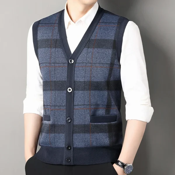 New Men's Sweater Vest Casual Sleeveless Knit Jackets Men Fashion Plaid V-neck Cardigans Man Clothes Knitted Waistcoat - Image 4
