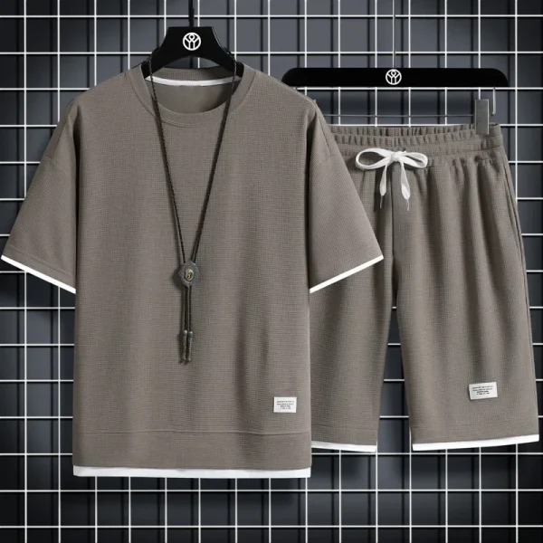 Men's new Waffle Summer Suit 2024 Casual T-shirt + Shorts Suit Men's Tracksuit Solid color tracksuit loose suit - Image 4
