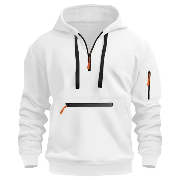Men's casual sports hoodie, spring and autumn fashion arm pocket pull rope hooded solid color loose long-sleeved blouse pullover - Image 2