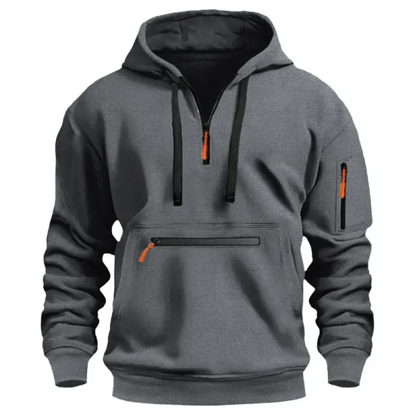 Men's casual sports hoodie, spring and autumn fashion arm pocket pull rope hooded solid color loose long-sleeved blouse pullover - Image 4