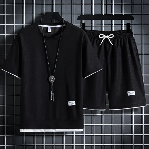 Men's new Waffle Summer Suit 2024 Casual T-shirt + Shorts Suit Men's Tracksuit Solid color tracksuit loose suit - Image 2