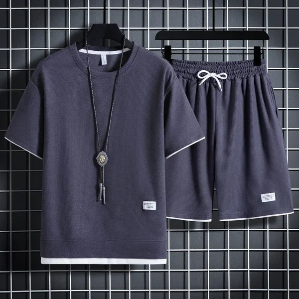 Men's new Waffle Summer Suit 2024 Casual T-shirt + Shorts Suit Men's Tracksuit Solid color tracksuit loose suit - Image 3