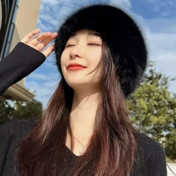 1pc Winter Warm Imitation Fur Plush Hats Ear Protection Thick Women's Fashion Bucket Hat For Skiing Faux Fox Fur Mongolian Hat - Image 5