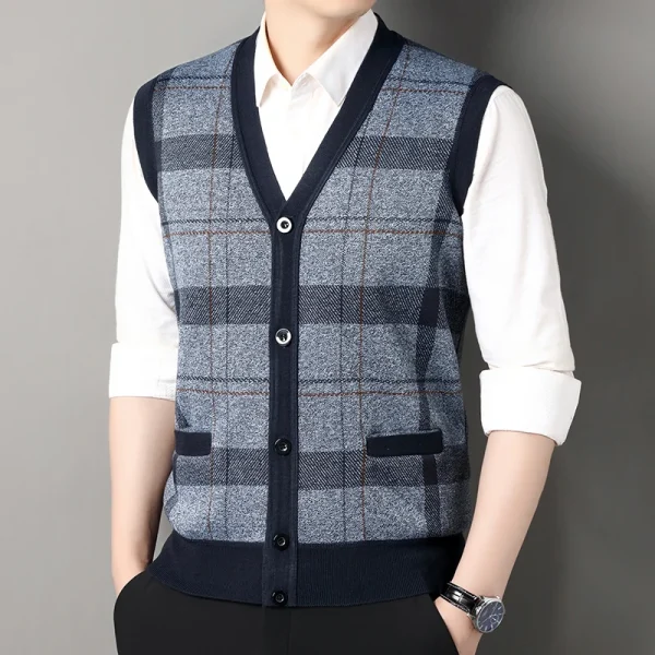 New Men's Sweater Vest Casual Sleeveless Knit Jackets Men Fashion Plaid V-neck Cardigans Man Clothes Knitted Waistcoat - Image 3