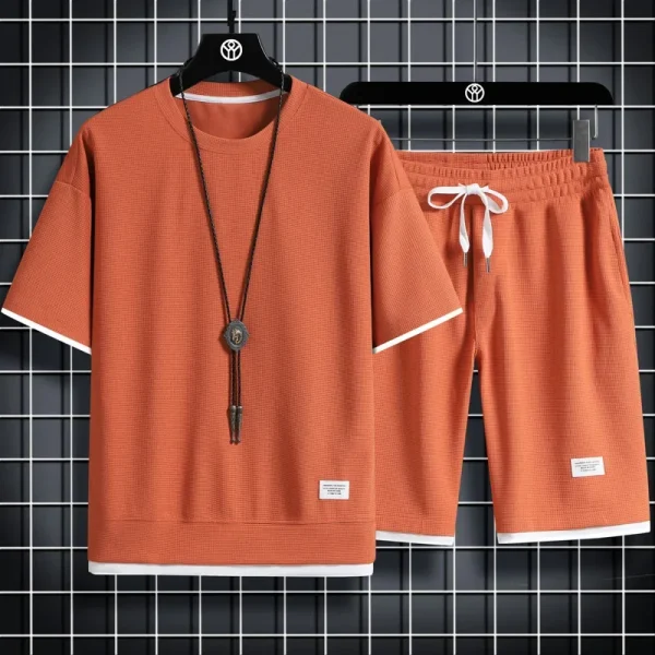 Men's new Waffle Summer Suit 2024 Casual T-shirt + Shorts Suit Men's Tracksuit Solid color tracksuit loose suit - Image 5