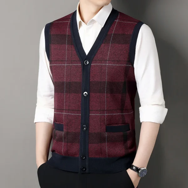 New Men's Sweater Vest Casual Sleeveless Knit Jackets Men Fashion Plaid V-neck Cardigans Man Clothes Knitted Waistcoat - Image 2