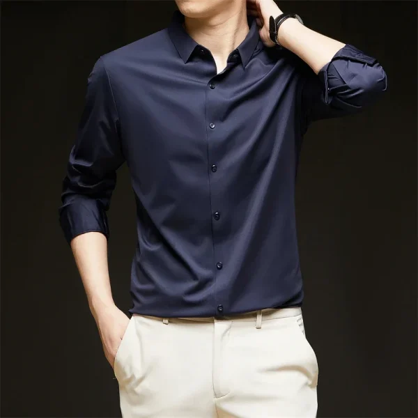 New Men's Business Casual Long Sleeved Solid Color Shirt Wrinkle Resistant Wrinkle Free Comfortable All Season Versatile Top - Image 3