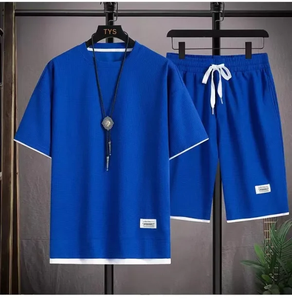 Men's new Waffle Summer Suit 2024 Casual T-shirt + Shorts Suit Men's Tracksuit Solid color tracksuit loose suit - Image 6